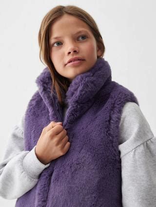 Mango Kids' Canela High Neck Faux Fur Gilet, Pastel Purple