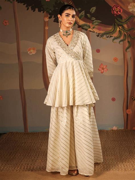 Purple Embroidered Zari Tissue Kurta with Flared Pants- Set of 2