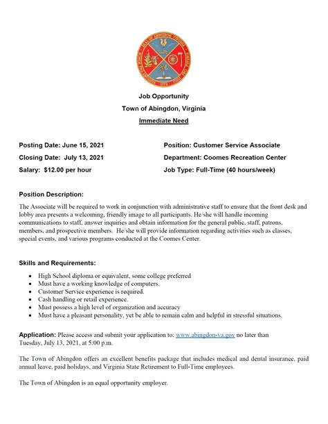 Town of Abingdon, Virginia : Customer Service Associate at the Coomes ...
