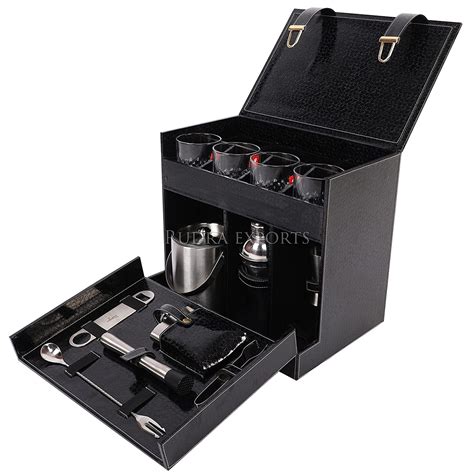 Rudra Exports Table Top Vegan Leather Portable Bar Box with Accessorie