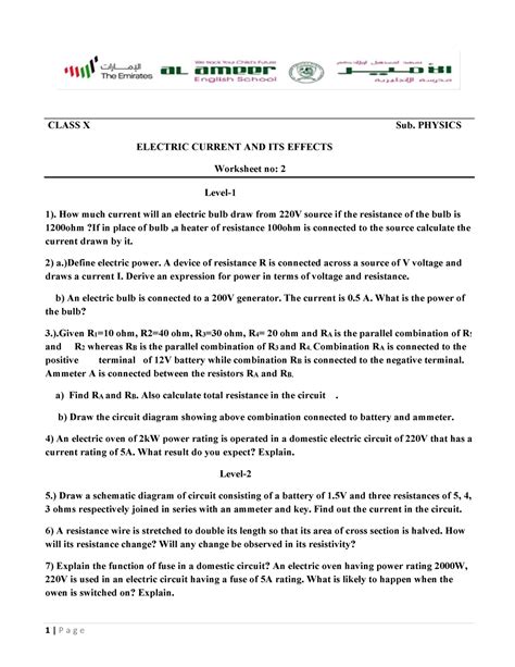 Class 10 phy electricity worksheet 2 - Physics class 10 - Studocu