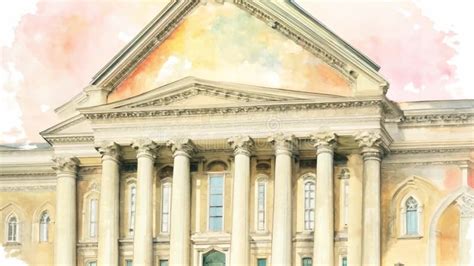 An arched neoclassical building with hanging PTT banners