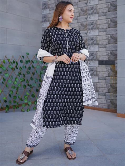 Buy Black Printed Cotton Straight Kurta With Salwar & Dupatta Online at ...