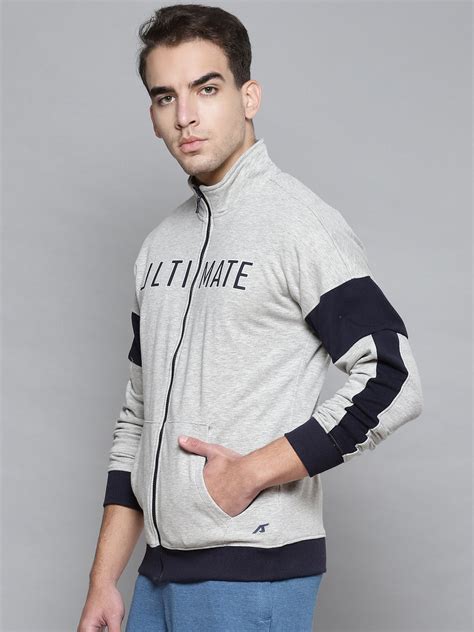 Alcis Men Grey Navy Blue Colourblocked Typography Cotton Sporty Jacket ...