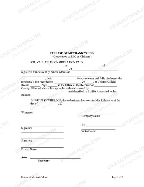 Ohio Release of Mechanic's Lien - Corporation | US Legal Forms