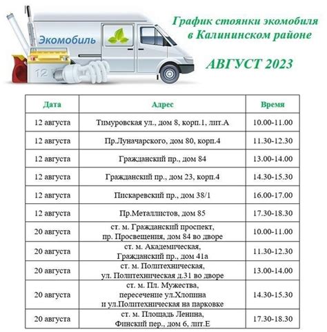 График стоянки экомобиля в Калининском районе на август 2023 года. В ...