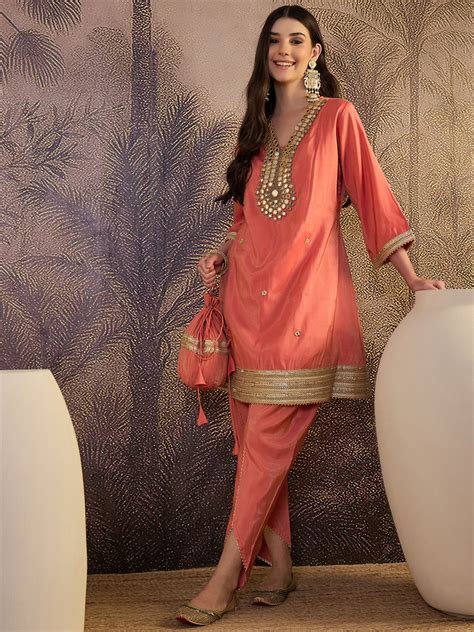 Mirror Work A-Line Kurta with Dhoti Pant & Bags Kurta Set – Bunaaiwalaa