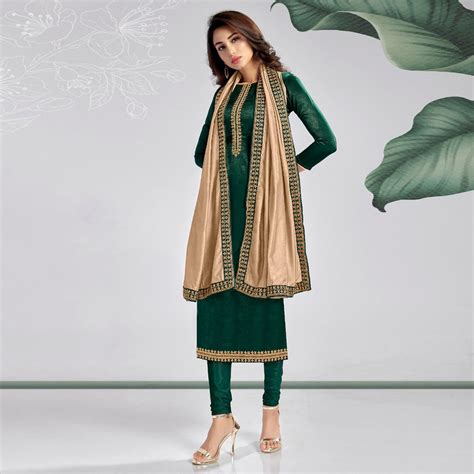 Green Casual Wear Embroidered Sanaya Silk Dress Material