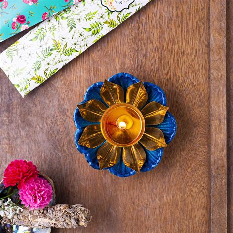 Buy Decorative Lotus Diya Colored Base Online in India - Mypoojabox.in