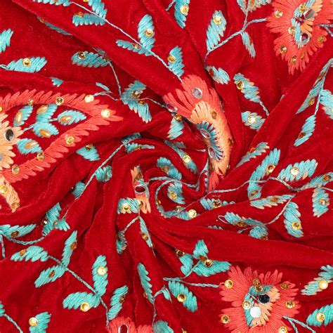Red Color Velvet Embroidered Fabric