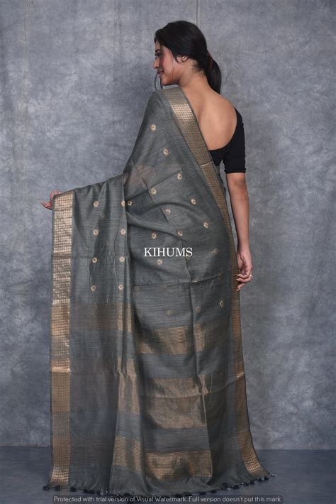 Greenish Grey Shade Handmade Baswada Silk Saree | Gold Zari Boota ...