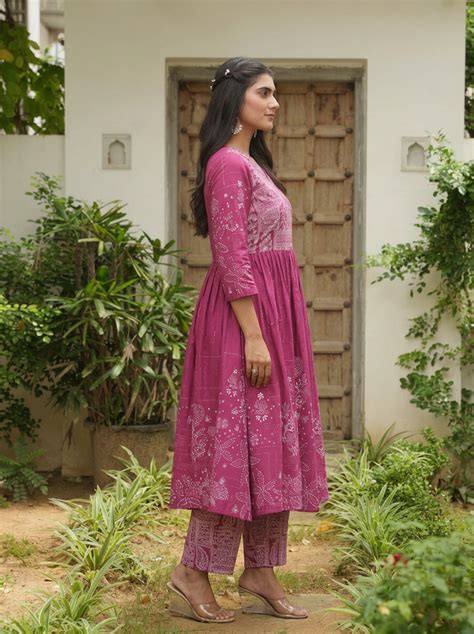 Buy Embroidered Soft Cotton Placement Print Angrakha Purple Kurta ...