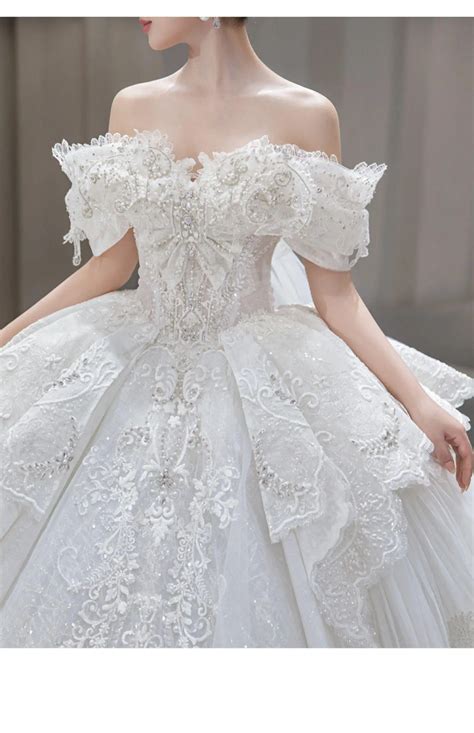 Off The Shoulder Wedding Dress Lace Applique Boat Neck Bridal Dress Ba – Elleseal