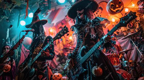 Halloween Rock Band Performing on Stage with Guitars and Pumpkins ...