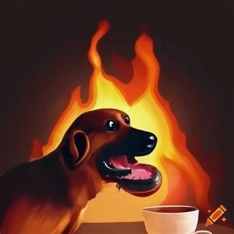 Dog drinking coffee surrounded by fire, Everything is fine meme on Craiyon