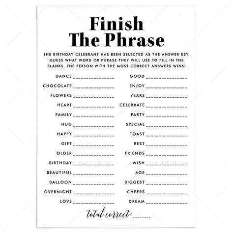 Finish the Phrase Game | Printable Birthday Party Games for 12 Year Olds