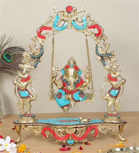 Brass Ganesha Idol on Jhula Swing | Multicolored Stone Work Lord Ganes ...