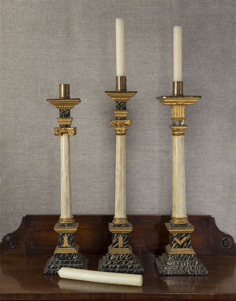 Three Masonic Warden’s Giltwood Candlesticks: Ionic, Corinthian, Doric ...