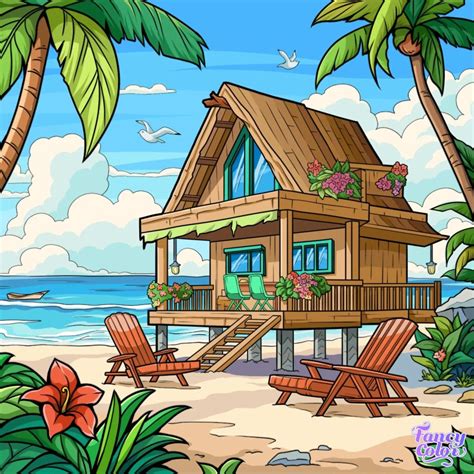 Beach House Drawing with Palm Trees and Flowers