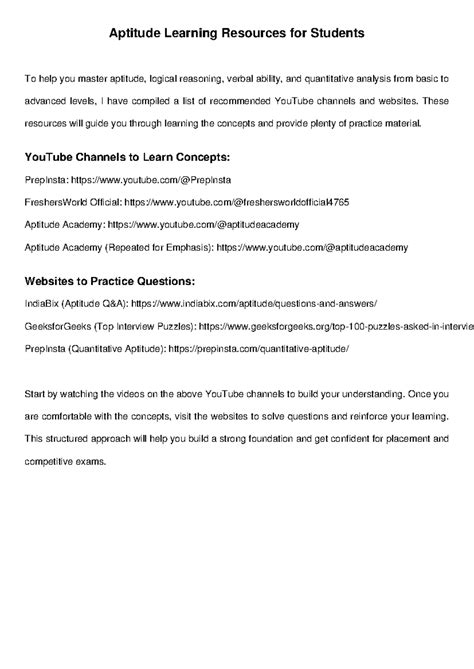 Aptitude Learning Resources: YouTube & Websites Guide - Studocu