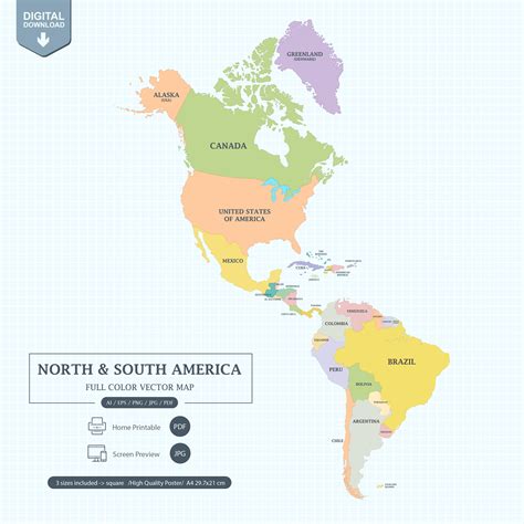 Digital North & South America Map Full Color With States Printable Poster Large Size and A4 PDF ...