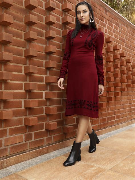 Buy Sangria Maroon & Black Self Design High Neck Acrylic Sweater Dress ...