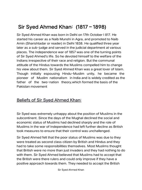Sir Syed Ahmad Khan (1817–1898), whose vision (Two-nation theory) formed the basis of Pakistan