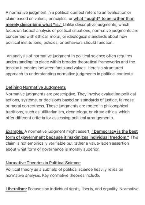 A normative judgment in a political context refers to an evaluation ...