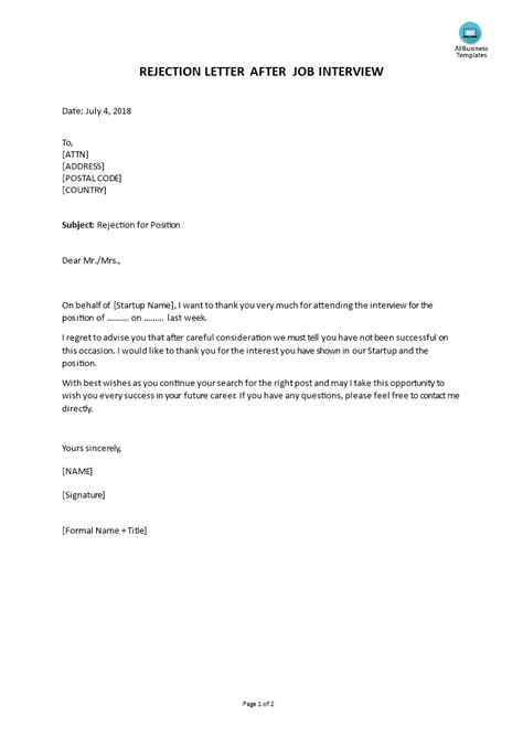Rejection Letter following Job Interview | Templates at ...