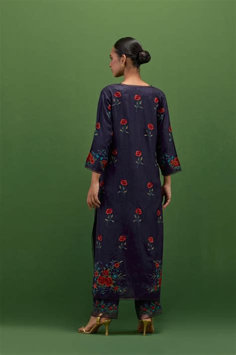 Midnight blue silk straight kurta set with all-over roses embroidered ...