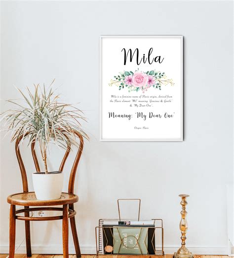Mila Name Meaning Printable With Pink Flowers and Calligraphy Style ...