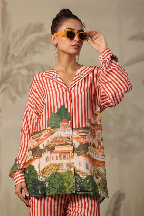 Rust Muslin Silk Placement Print With Stripes Co-Ord Set – SCAKHI