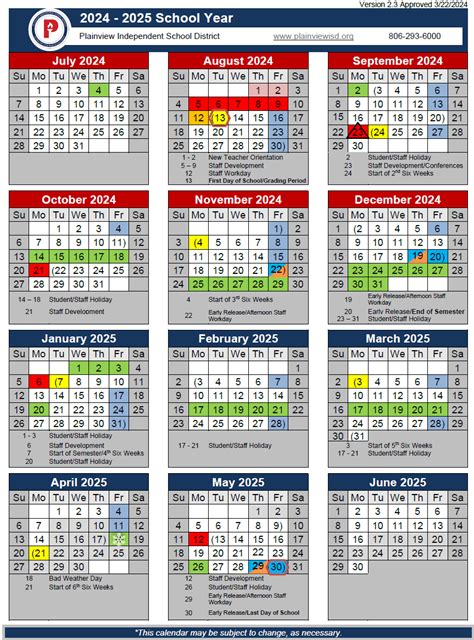 Instructional Calendar | Plainview ISD