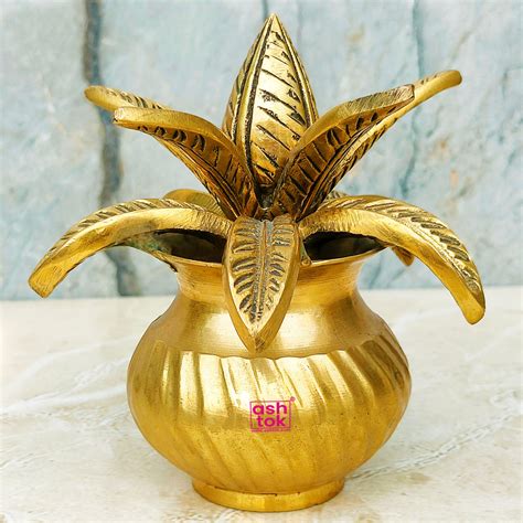 Antic Brass Coconut Design Kalash with Leafs, Kalash for Puja, Brass P ...