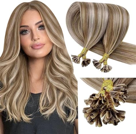 LaaVoo U Tip Hair Extensions Real Human Hair Light Brown and White ...