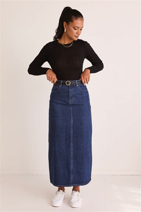 Rouge Dark Blue Denim Midi Skirt | Blue denim skirt outfit, Blue midi ...
