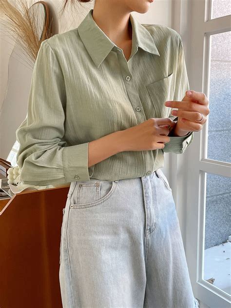 Solid Button Front Shirt | Green shirt outfits, Shirt outfit women ...