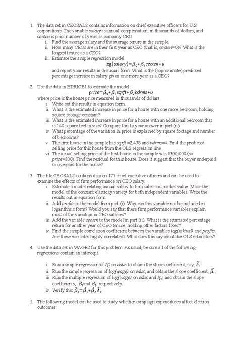 Practice Questions for CEOSAL2, HPRICE1, WAGE2, and VOTE1 Data Analysis ...