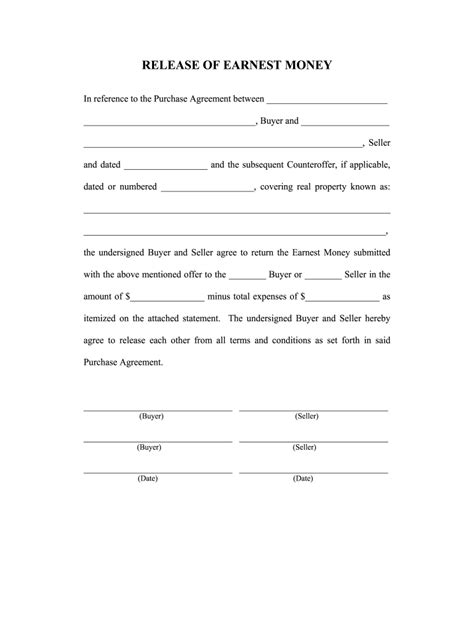 Release of Earnest Money - Blank Fillable Template | Fill Out, Print ...