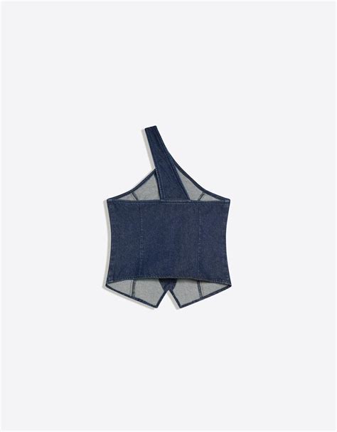 Asymmetric denim top - Women | Bershka