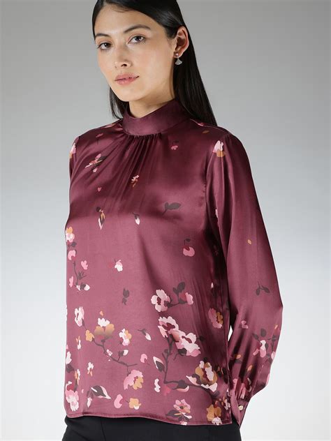 Buy Wine Satin Floral Top Online | FableStreet