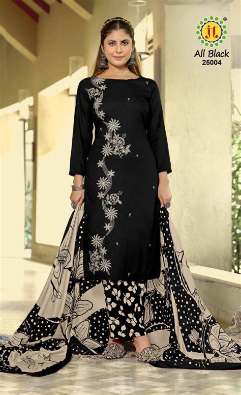 Jt All Black Vol 25 Rayon Embroidered Dress Material