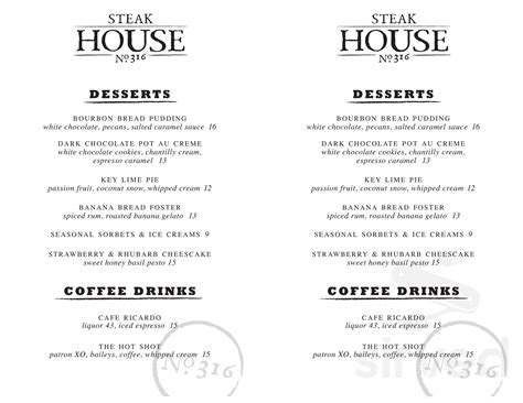 Steak House No. 316 menu in Aspen, Colorado, USA