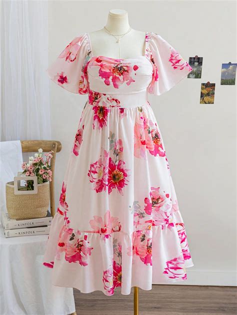 Plus Size Boho Women's Spring Square Neck Ruffle Sleeve Cinched Waist ...