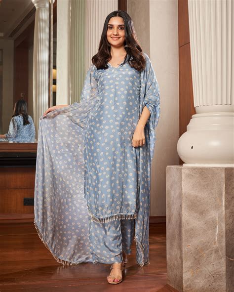 Shop Tarang Pastel Blue Bandhani Silk Suit Set for Women Online in ...