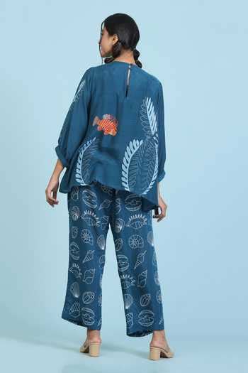 Buy Blue Cotton, Silk Round Neck Coral Print Top Pant Set For Women by ...