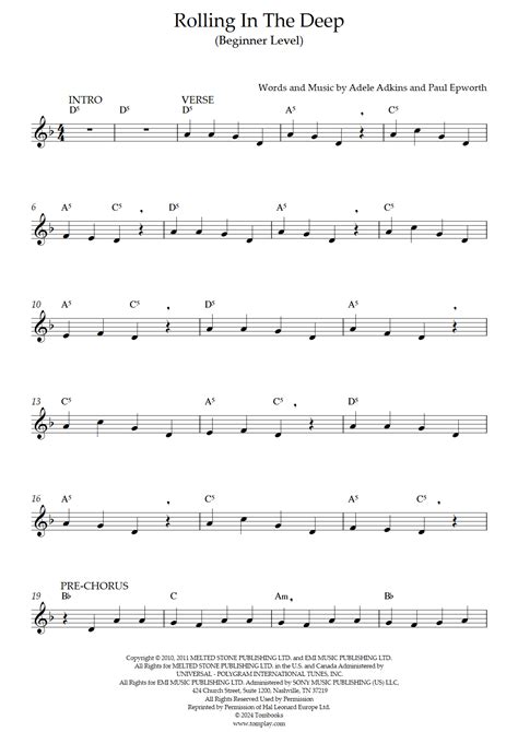 Rolling in the Deep (Beginner Level) (Adele) - Flute Sheet Music