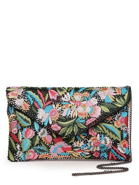 Anekaant Boho Black & Multi Floral Embellished Satin Sling Bag