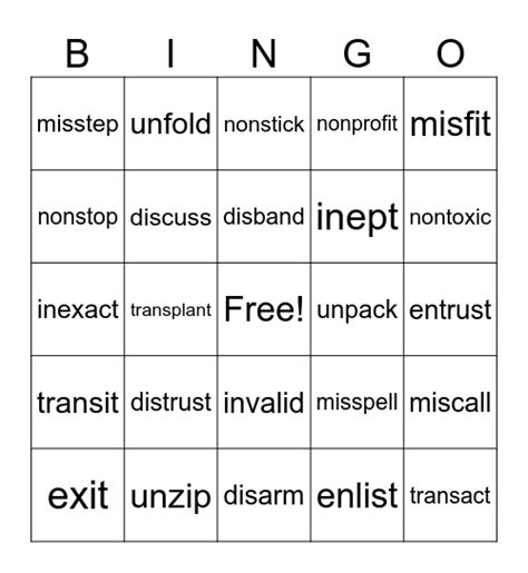 Wilson Just Word Bonus Unit 1 Prefixes Bingo Card