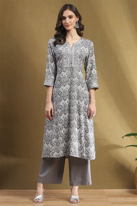 Grey Printed Festive A-line Suit Set at Biba India